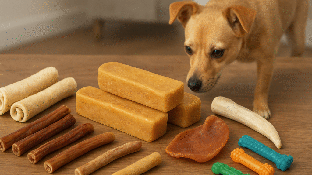 realistic-dog-chew-comparison-himalayan-yak-chews-rawhide-bully-sticks-antlers-pig-ears-and-synthetic-chews-on-wooden-table-with-dog-in-background
