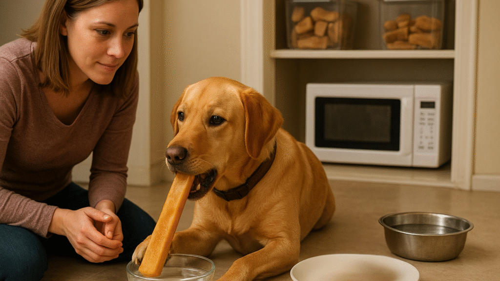 dog-chewing-himalayan-yak-chew-while-owner-supervises-in-kitchen