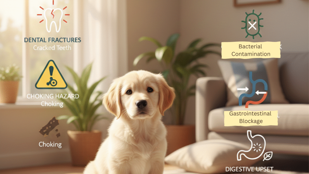 illustration-showing-risks-of-himalayan-yak-chews-for-puppies-with-icons-for-dental-fractures-choking-hazards-gastrointestinal-blockage-digestive-upset-and-bacterial-contamination