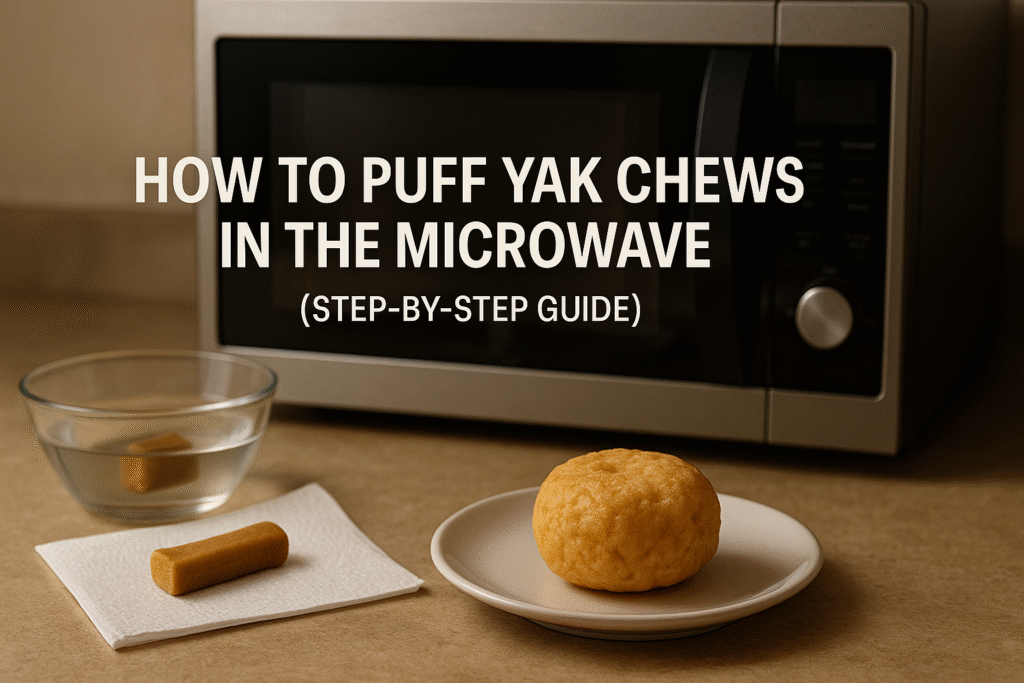 Warm, photorealistic kitchen scene showing three stages of puffing a yak chew: one small yak chew soaking in a glass bowl of water, another drying on a paper towel, and a fully puffed golden cheese chew on a ceramic plate in the foreground. A modern microwave with its door slightly open sits in the background. Text overlay reads “How to Puff Yak Chews in the Microwave (Step-by-Step Guide)” in bold, clean font. Rustic countertop and soft lighting create an inviting, educational look.