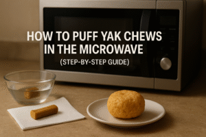 Warm, photorealistic kitchen scene showing three stages of puffing a yak chew: one small yak chew soaking in a glass bowl of water, another drying on a paper towel, and a fully puffed golden cheese chew on a ceramic plate in the foreground. A modern microwave with its door slightly open sits in the background. Text overlay reads “How to Puff Yak Chews in the Microwave (Step-by-Step Guide)” in bold, clean font. Rustic countertop and soft lighting create an inviting, educational look.