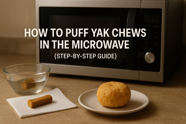 Warm, photorealistic kitchen scene showing three stages of puffing a yak chew: one small yak chew soaking in a glass bowl of water, another drying on a paper towel, and a fully puffed golden cheese chew on a ceramic plate in the foreground. A modern microwave with its door slightly open sits in the background. Text overlay reads “How to Puff Yak Chews in the Microwave (Step-by-Step Guide)” in bold, clean font. Rustic countertop and soft lighting create an inviting, educational look.