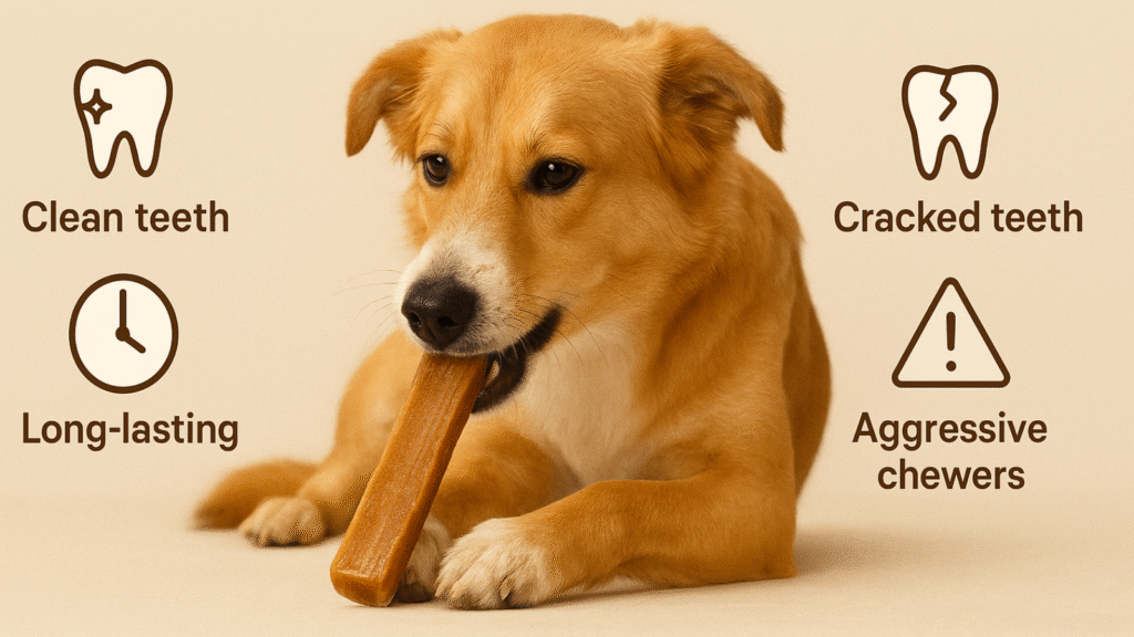 are-yak-chews-too-hard-for-dogs-infographic-showing-dog-chewing-yak-chew-benefits-and-risks