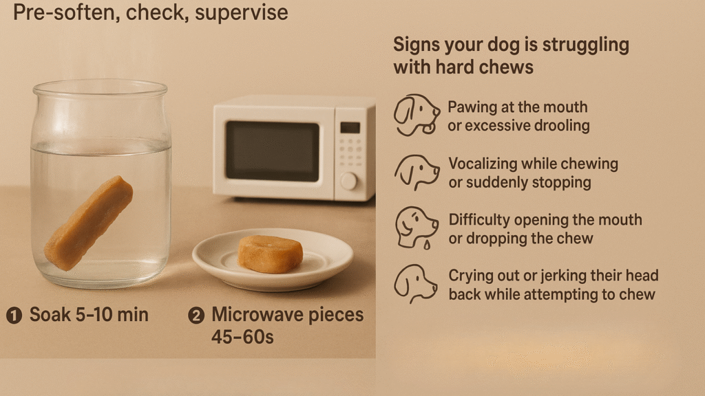 how-to-soften-yak-chews-safely-infographic-showing-soaking-and-microwaving-steps-with-safety-warnings-and-icons