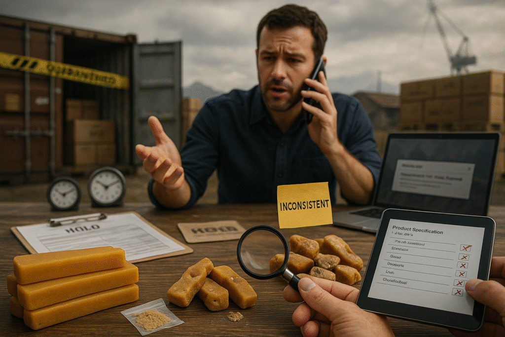 split-view-of-export-grade-vs-defective-himalayan-yak-chews-qc-inspector-checking-defects-importer-on-video-call-and-customs-crates-marked-quarantined