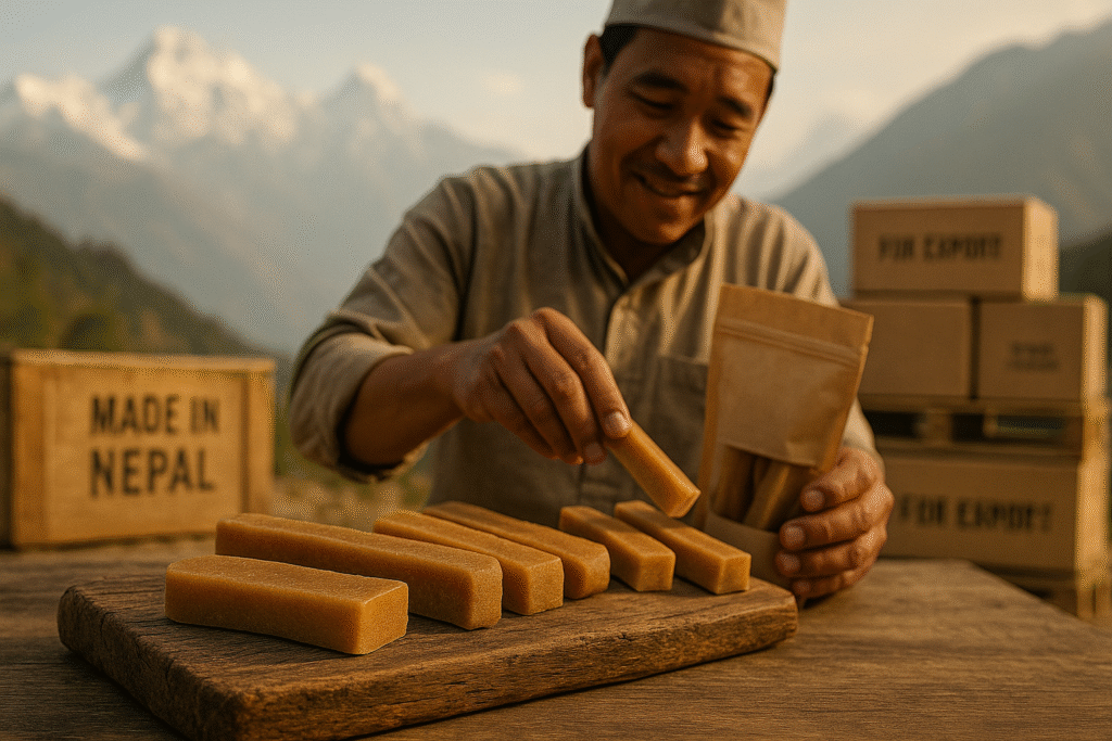 Nepalese artisan packing authentic Himalayan yak chews on a wooden board, with Himalayan mountains and export crates in the background.