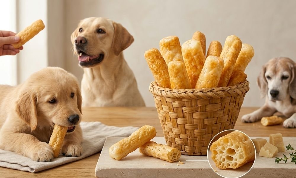 Puffed dog yak chew bars in a basket with a puppy, adult, and senior dog.