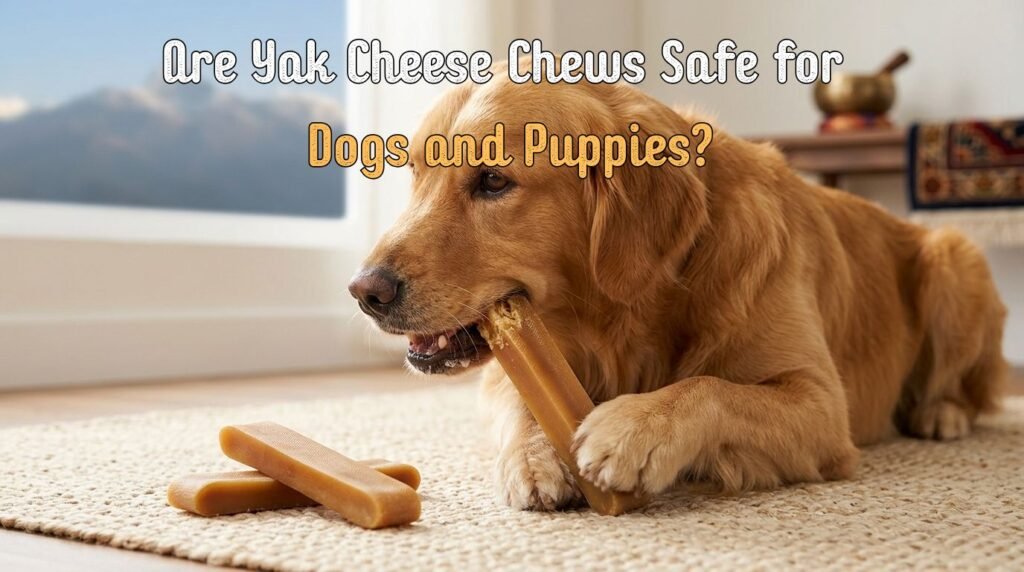 Golden retriever relaxing while chewing a Himalayan cheese chew indoors.
