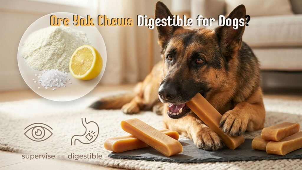 Dog chewing a yak chew with a visual of the cheese-based ingredients and digestibility concept
