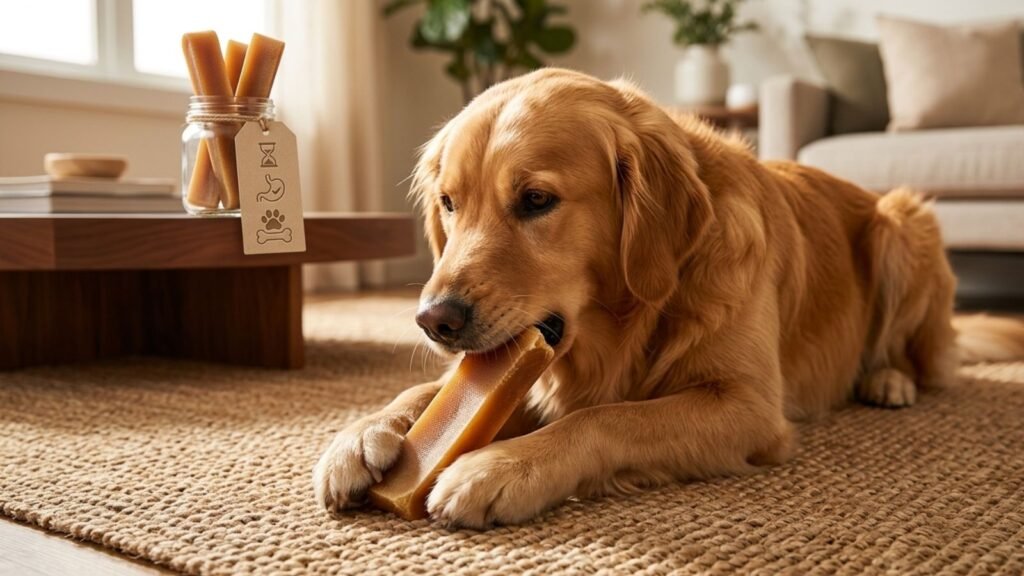 Large dog chewing a yak chew as a long-lasting treat for aggressive chewers.