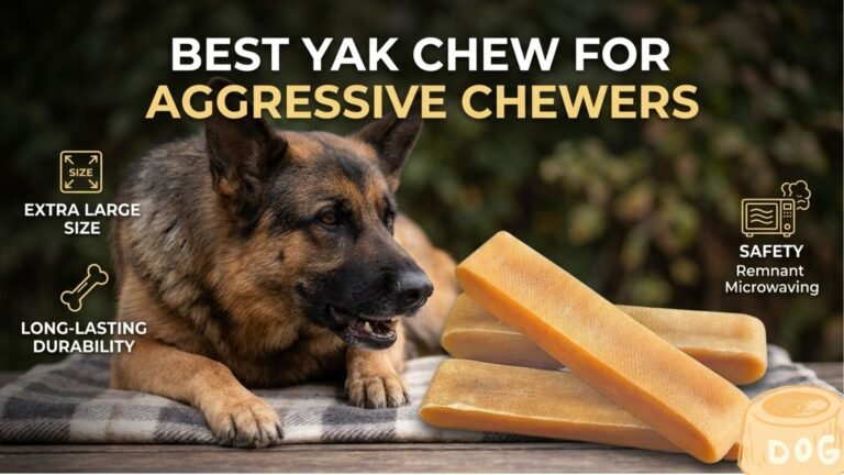 Best yak chews for aggressive chewers shown with a power-chewing dog and authentic Himalayan cheese chews.
