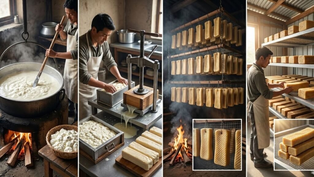Infographic showing how Himalayan yak chews are made through curdling, compression, smoke-drying, and hardening.