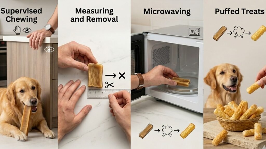 Safe yak chew use guide showing supervision, nub removal, and microwaving the final piece.