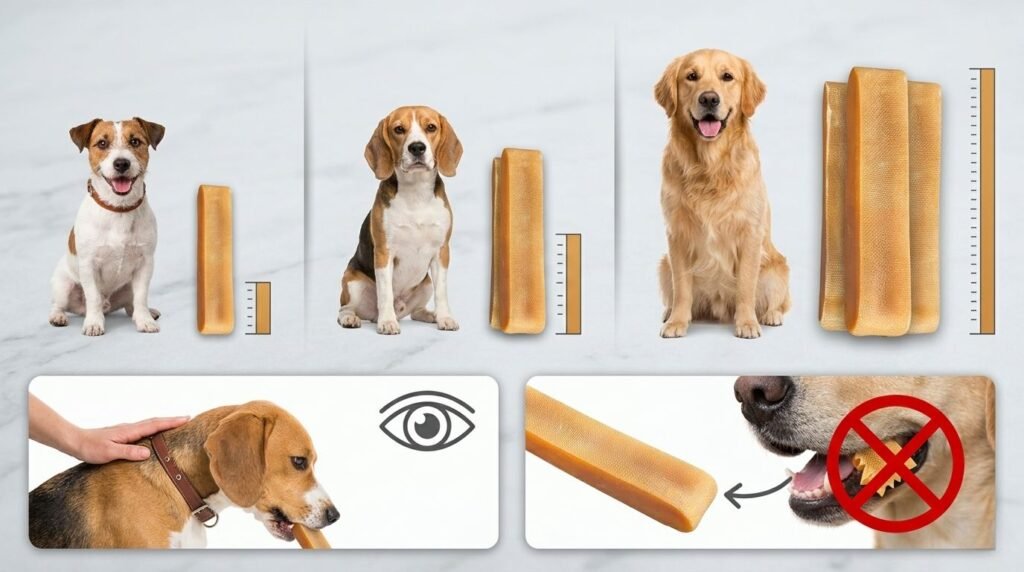 Dog chew size guide based on breed size and body weight.