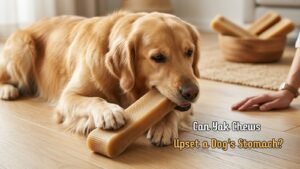 Dog safely chewing a Himalayan yak chew under owner supervision.
