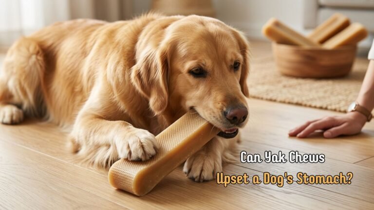 Dog safely chewing a Himalayan yak chew under owner supervision.