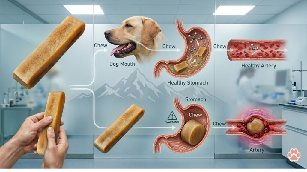 Diagram showing how a dog digests a yak chew.