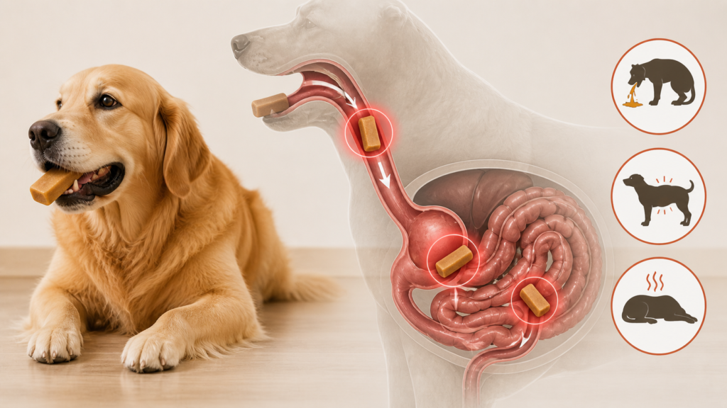 Diagram showing yak chew fragment blockage risk in a dog’s digestive tract.