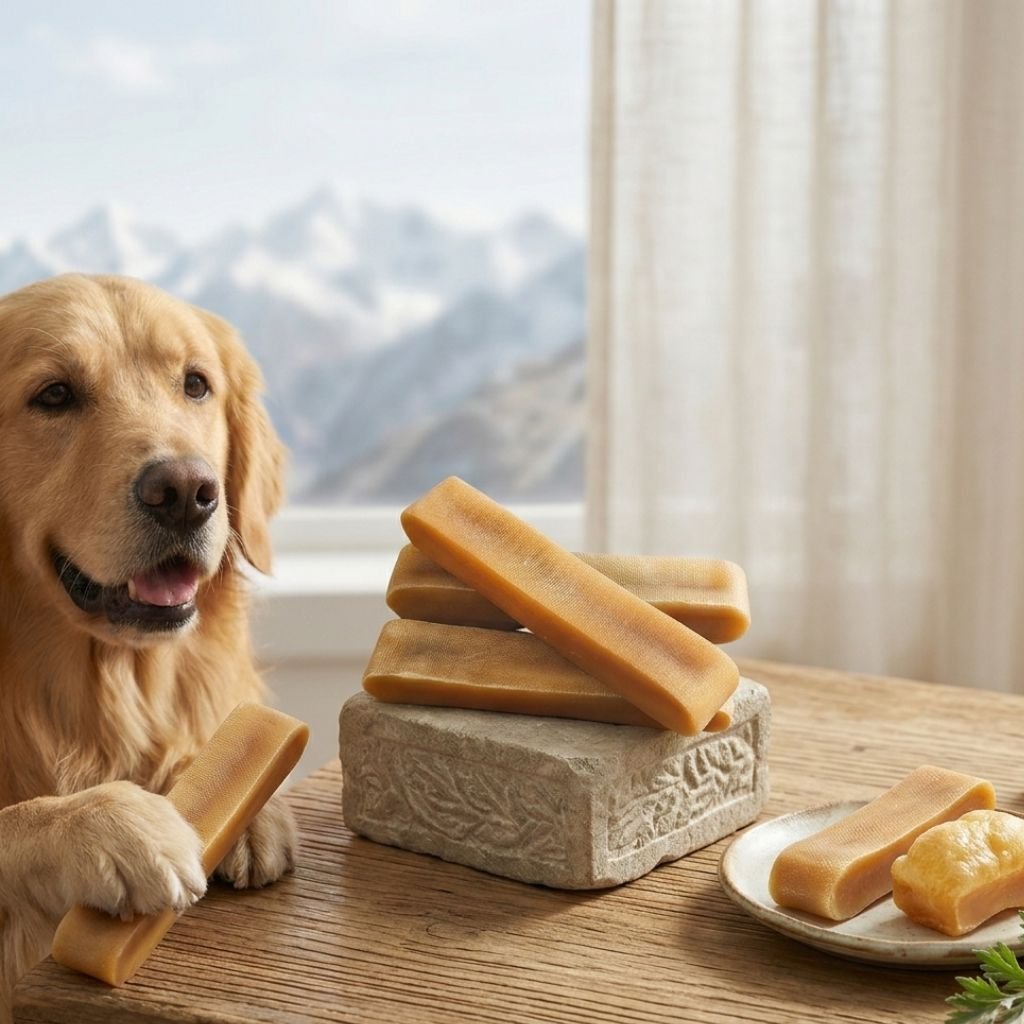 Happy Golden Retriever with natural yak milk chews and mountain view.