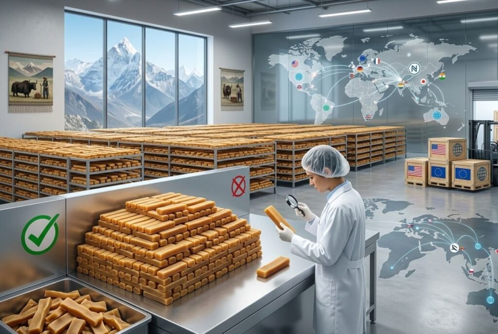 Himalayan yak chews production with quality control and mountain view.