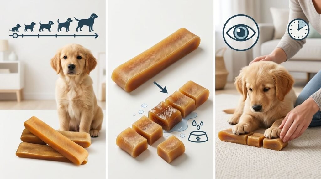 Puppy chewing a soft cheese chew while being supervised by its owner.