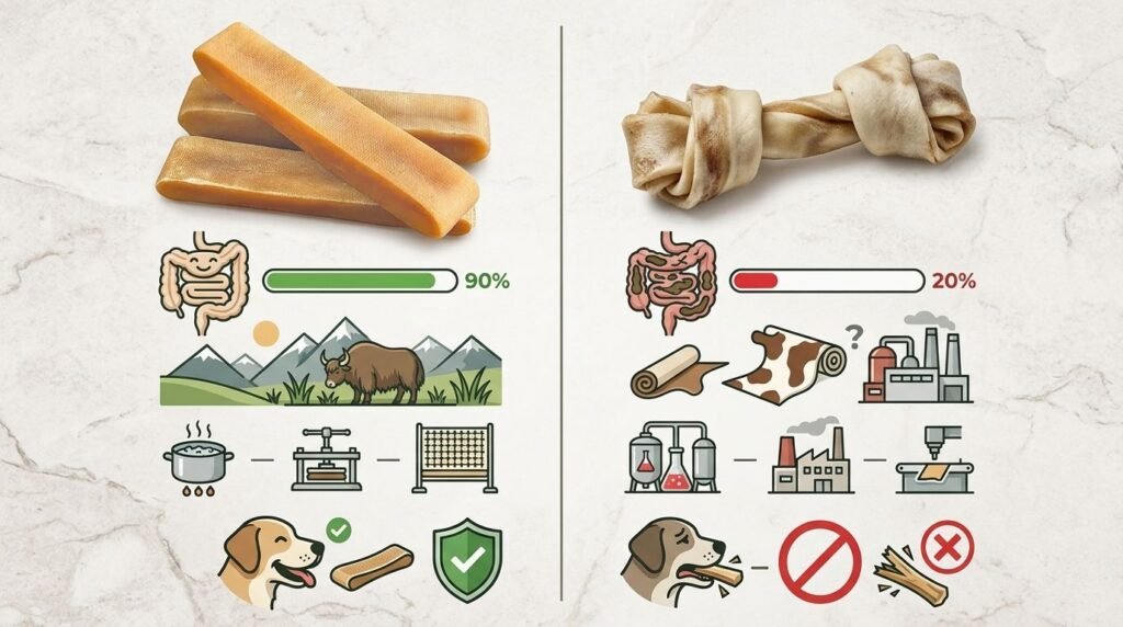 Comparison between rawhide treats and Himalayan cheese chews for dogs.