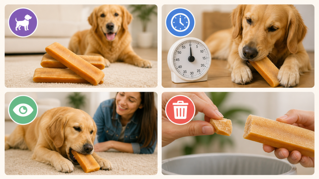 Checklist for safely giving yak chews to dogs with supervision, session limits, and size matching.