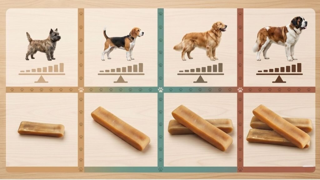 Yak chew size recommendations based on dog sizes.