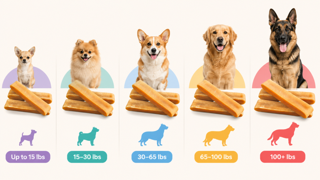 Yak chew size guide matched to dog weight ranges for safe chewing.