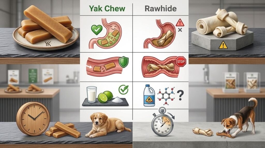 Comparison of yak chews and rawhide for dog digestion and safety.