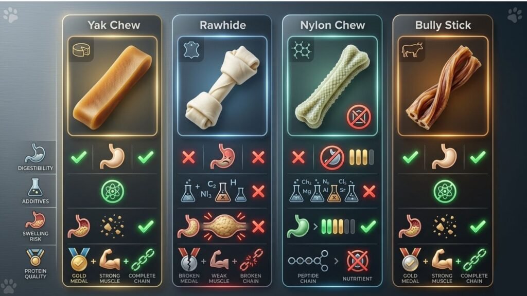 Comparison chart showing yak chew versus rawhide, nylon chew, and bully stick for digestibility and safety