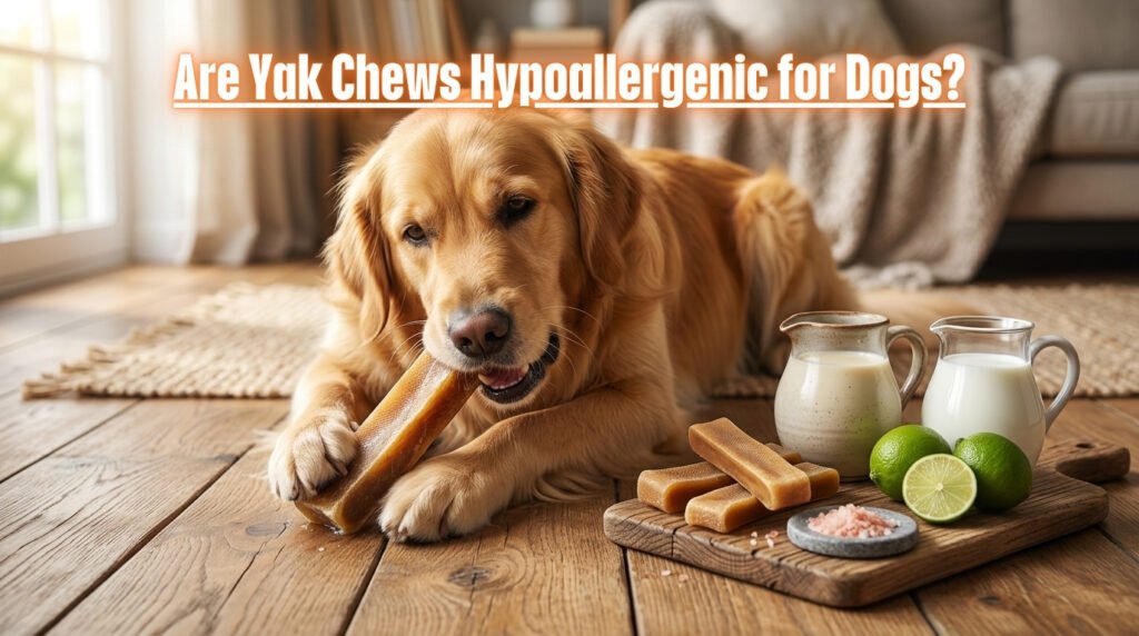 Dog chewing a traditional Himalayan yak chew made from limited natural ingredients suitable for many dogs with food sensitivities.