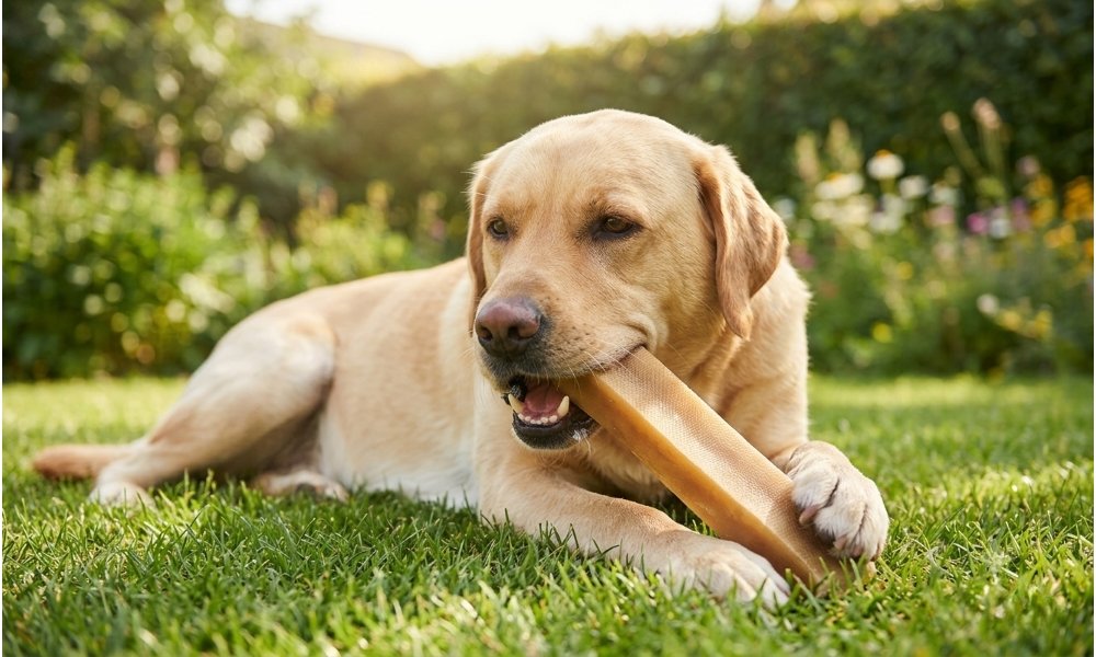 Labrador Retriever safely chewing a long-lasting Himalayan yak chew outdoors.