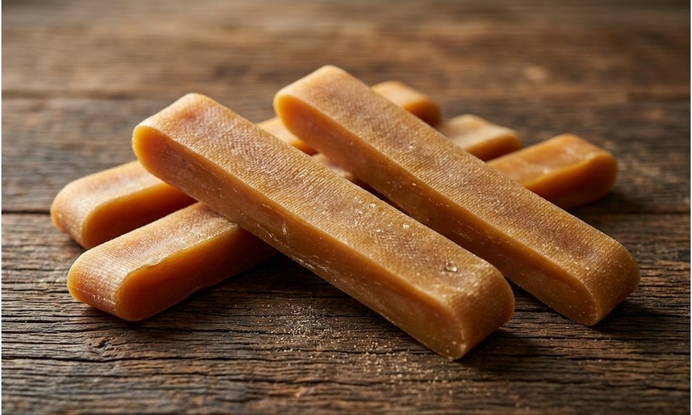Close-up of authentic high-quality Himalayan yak cheese dog chews showing dense natural texture.