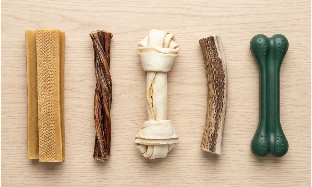 Comparison of Himalayan yak chew, bully stick, rawhide, antler chew, and nylon dog chew.