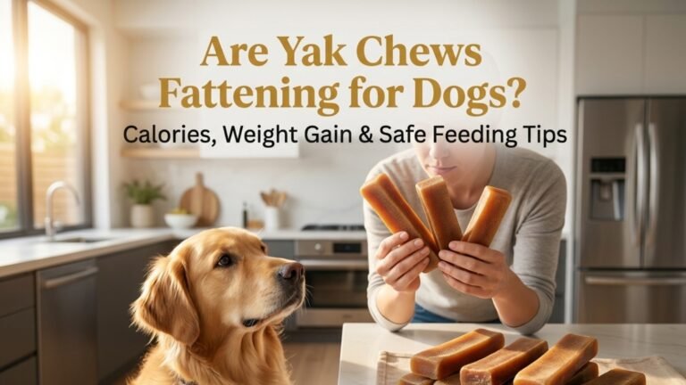 Healthy dog chewing a Himalayan yak chew while its owner measures food for balanced calorie management.