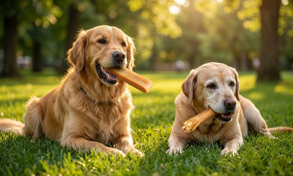 Adult dog with yak chew and senior dog with collagen chew showing the best chew for different dogs.