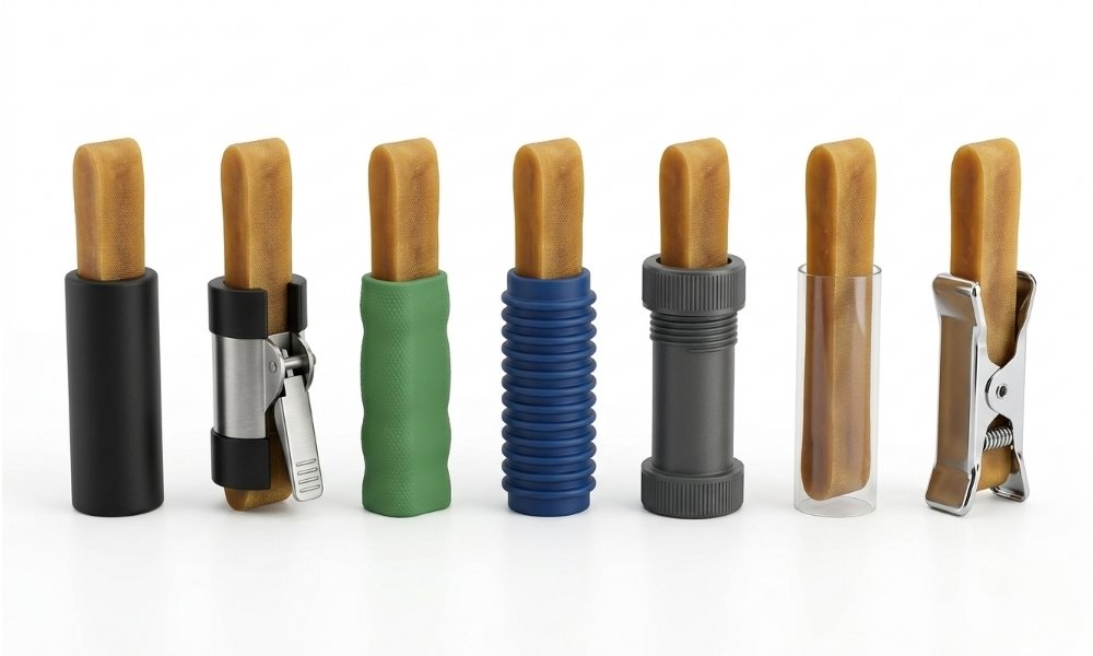 Seven common yak chew holder styles compared side by side.