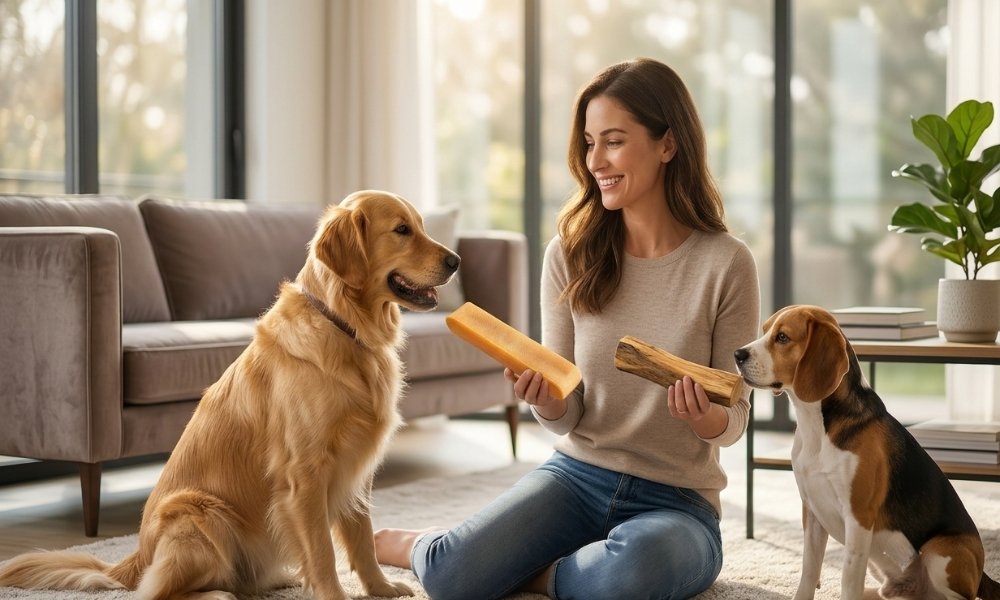 Pet owner choosing the right yak chew and coffee wood chew for different dogs.