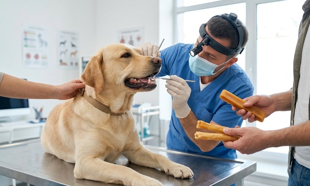 Veterinarian checking a dog's teeth before choosing between yak chews and collagen chews.