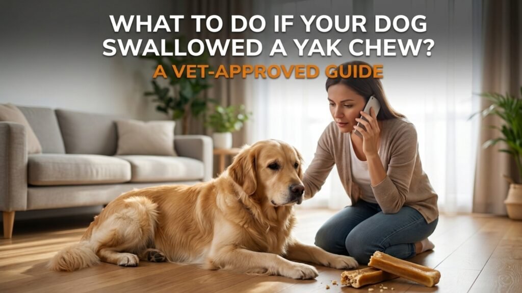 Dog owner calling a veterinarian after a dog swallowed a yak chew in a home.