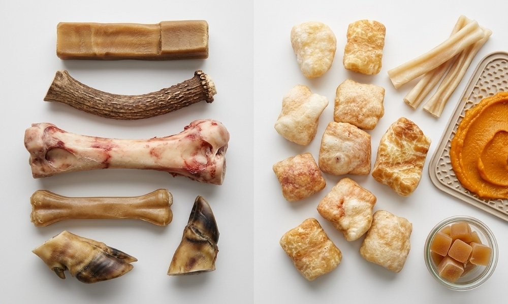 Comparison of hard and soft chew options for senior dogs with missing teeth.