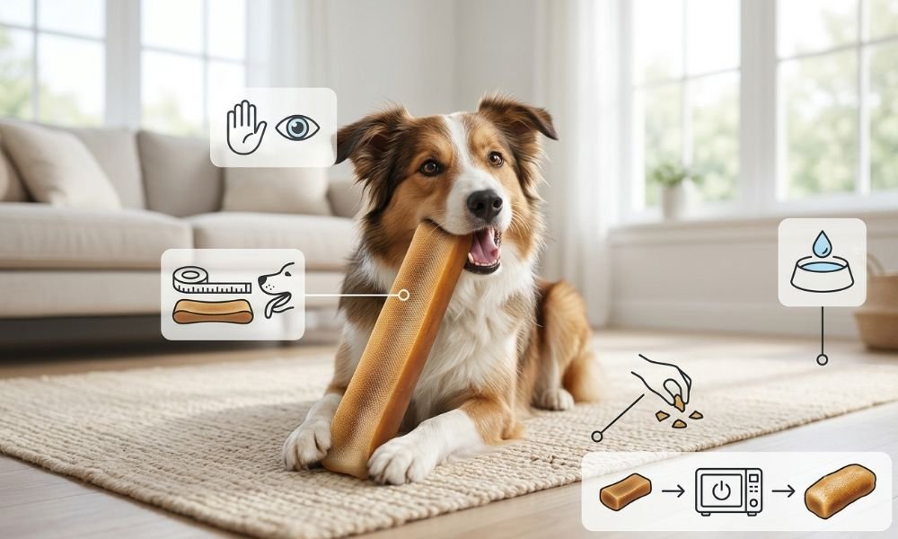 Dog safely chewing a correctly sized Himalayan yak chew with key safety recommendations.