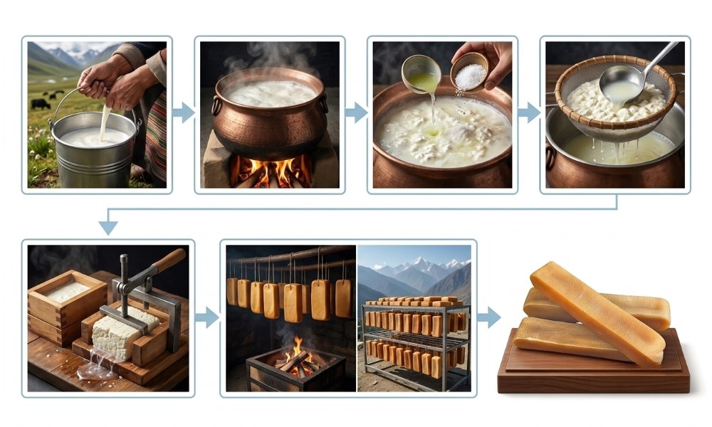 Step-by-step process showing how Himalayan yak chews are made from milk to finished chew.