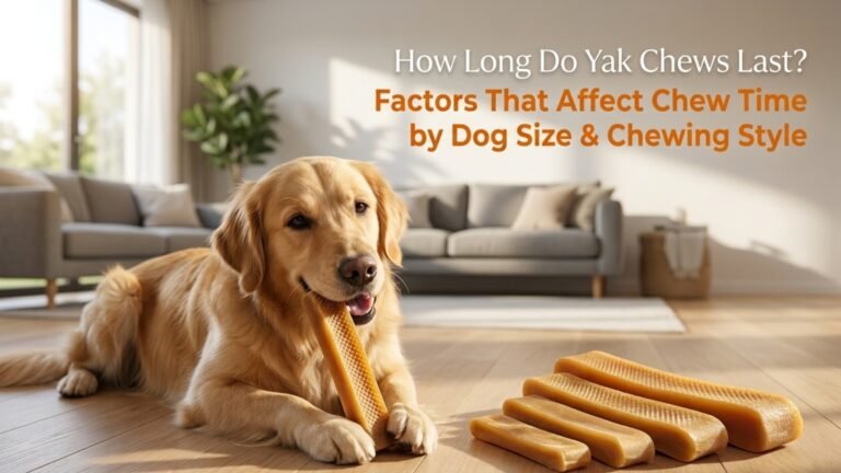 Golden Retriever chewing a Himalayan yak chew that lasts longer depending on dog size and chewing style.