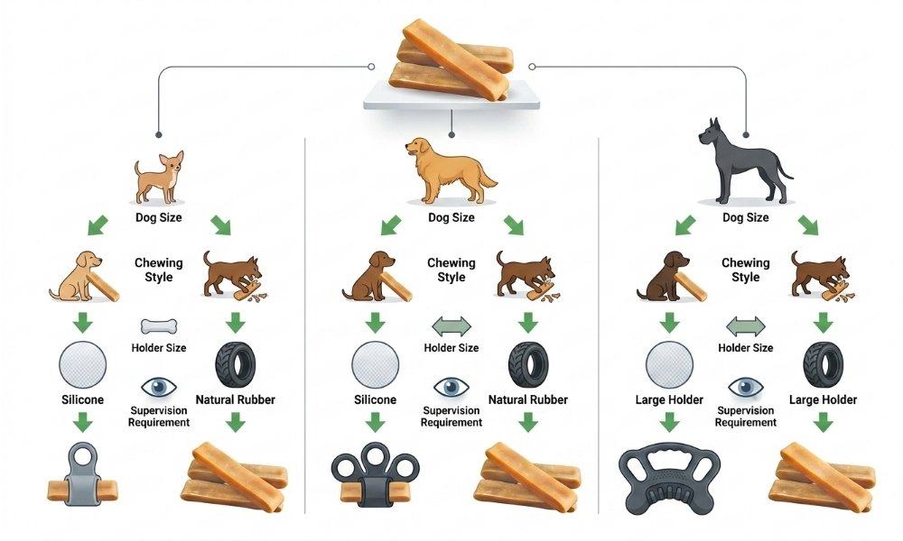 Decision flowchart showing how to choose the right yak chew holder for different dogs.