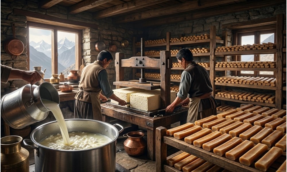 Traditional production process of Himalayan yak chews made from yak and cow milk.