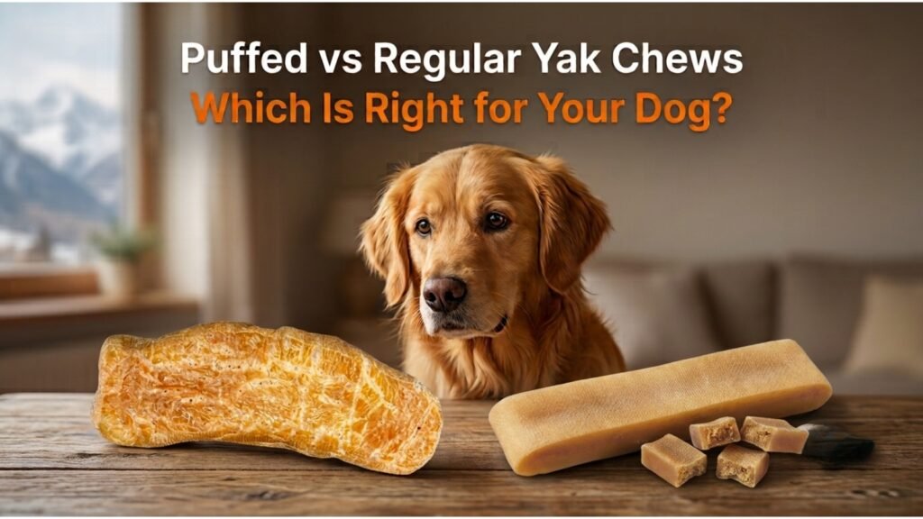 Side-by-side comparison of puffed and regular yak chews showing the difference in texture and size for dogs.