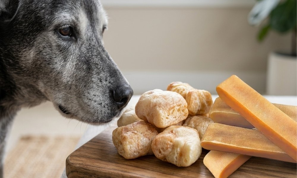Puffed yak chew nuggets compared with traditional hard yak chew bars for senior dogs.