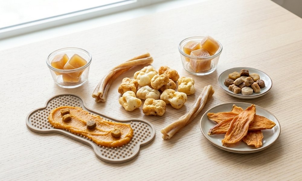 Safe soft chew options including puffed yak nuggets and lick mats for senior dogs with no teeth.